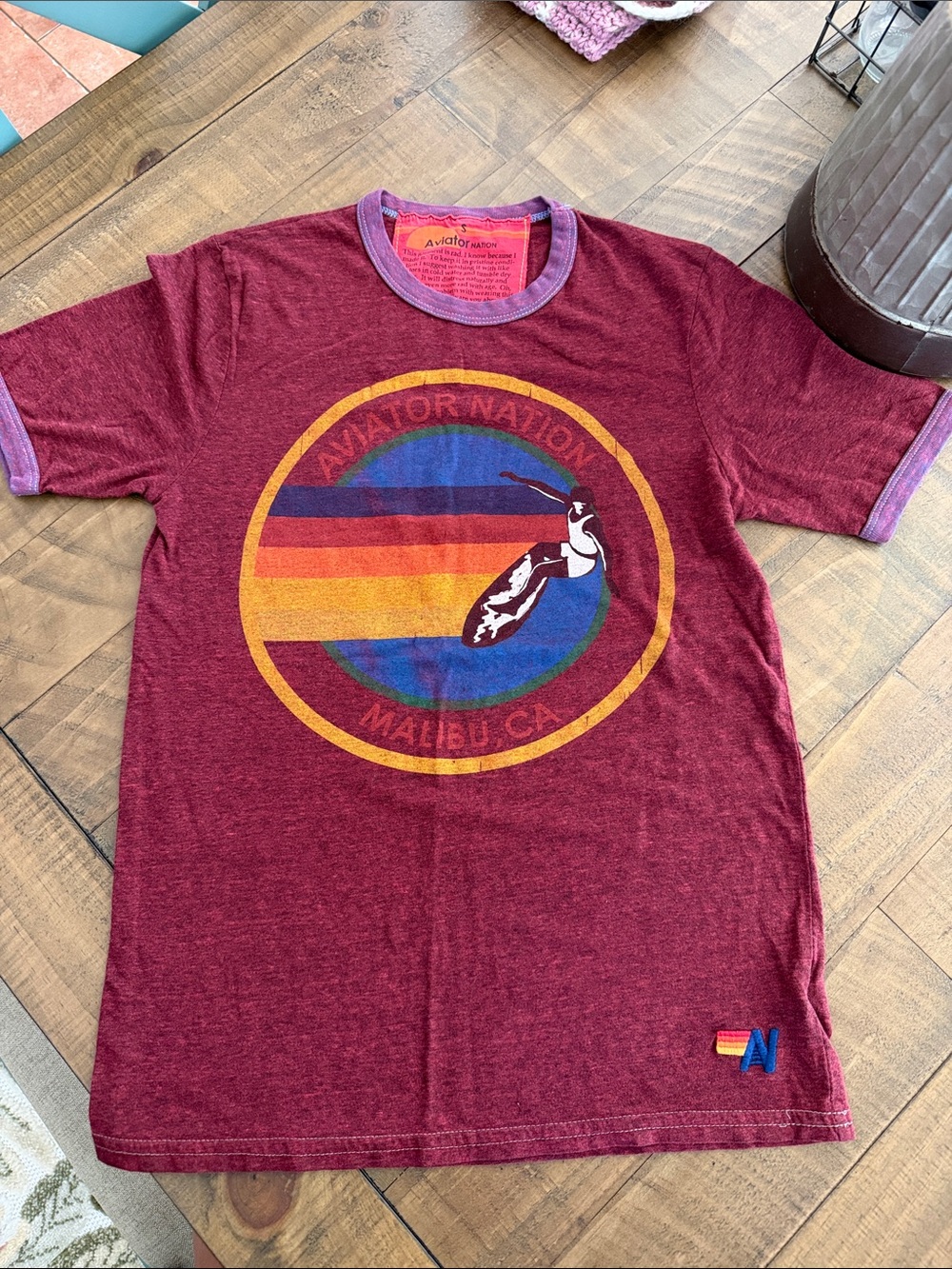 Aviator Nation Wine Red Ringer Tee with Retro Malibu Sunset Graphic